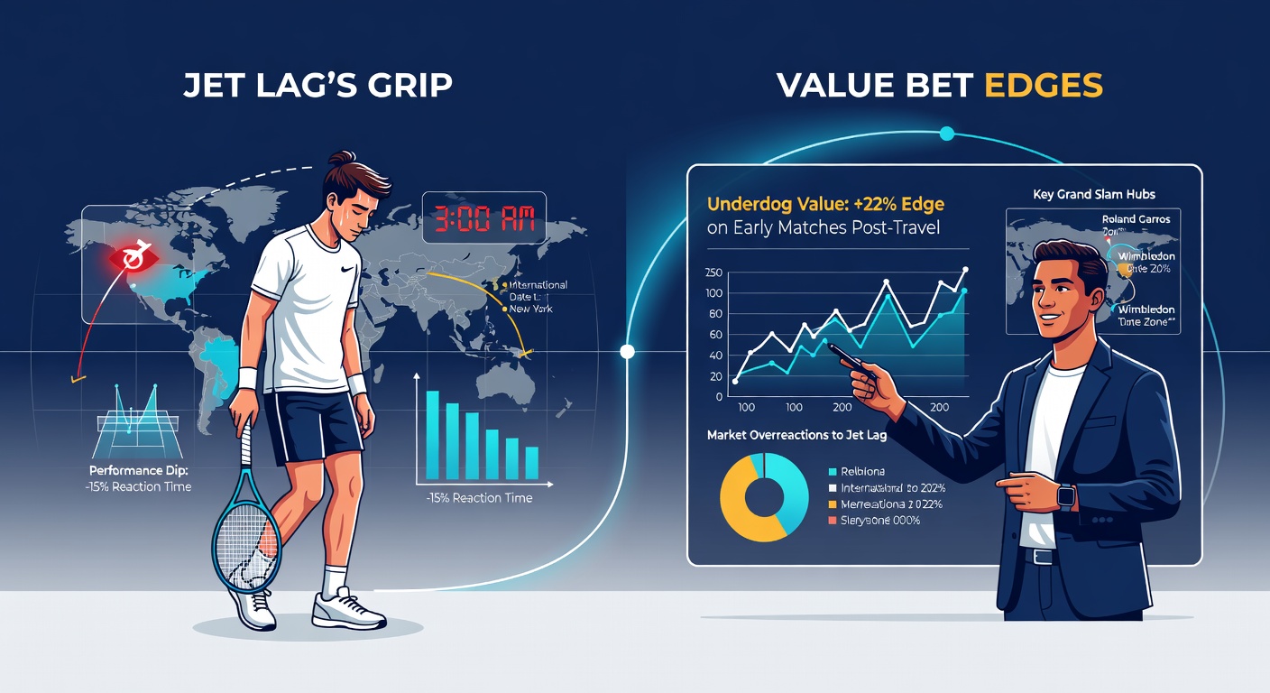 Clock showing time zones overlayed on a world map with tennis racket icons marking Grand Slam locations, highlighting jet lag paths for players