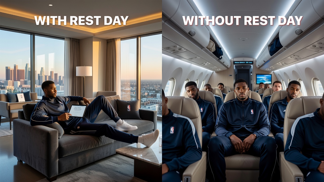 Basketball players engaging in light recovery activities on a rest day following transcontinental travel
