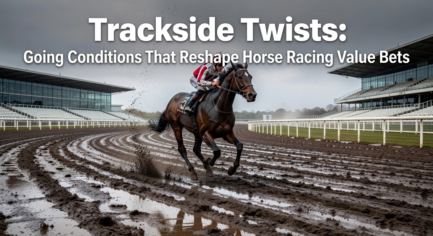 Horses charging through muddy track conditions during a rain-soaked race, highlighting the impact of soft going on performance