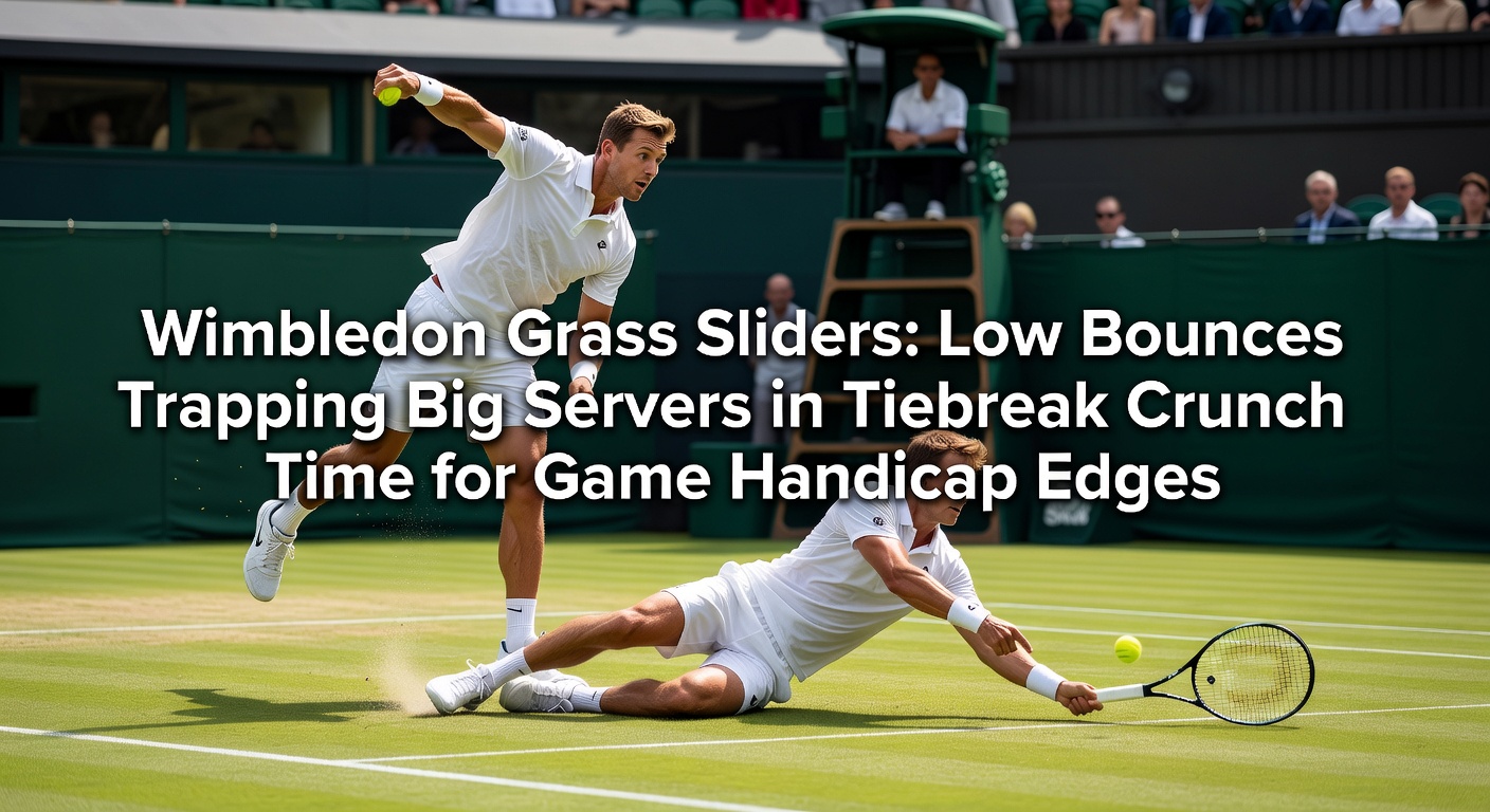 A Wimbledon grass court during a match, showing a low-skidding serve trapping the returner mid-swing