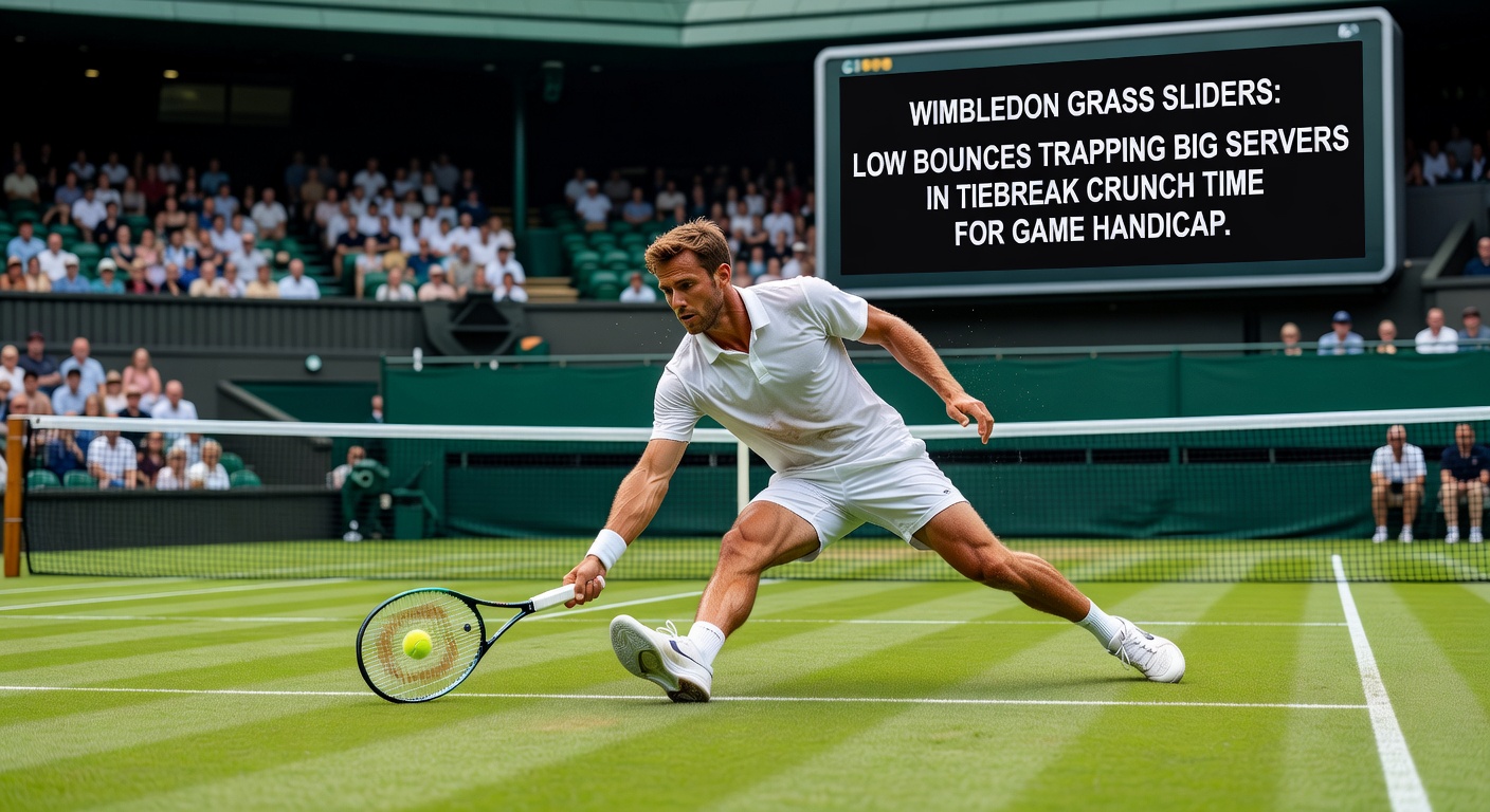 Close-up of a tennis player executing a slice serve on Wimbledon's grass, with the ball skidding low toward the baseline